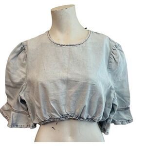 Ladies XL Cropped Denim Top Bell Sleeve Light Blue Bell NWT ReVolve WeWoreWhat